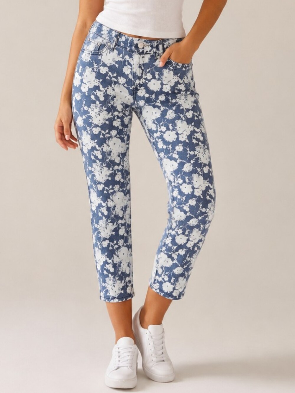 Tory Burch Alexa Floral Cropped Skinny Jeans Blue White Denim Women Sz 26 Preppy